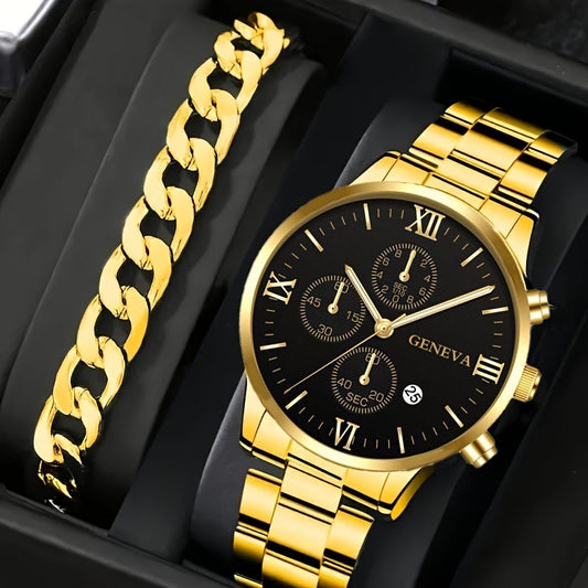 2pcs Men's Three Eye Quartz Watch & Bracelet Set