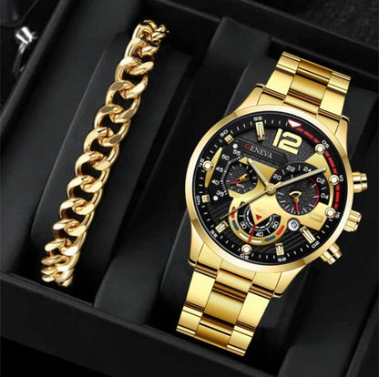 2pcs Men's Three Eye Quartz Watch & Bracelet Set