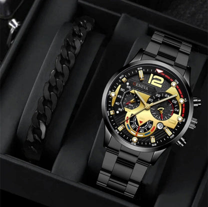 2pcs Men's Three Eye Quartz Watch & Bracelet Set