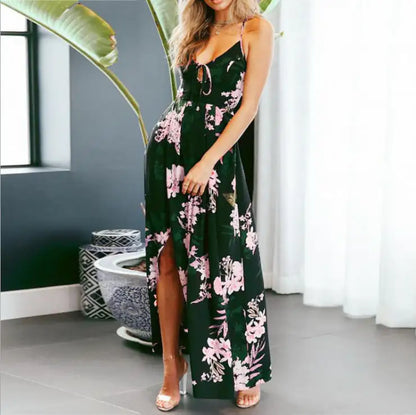 criss cross back maxi dress floral print high slit