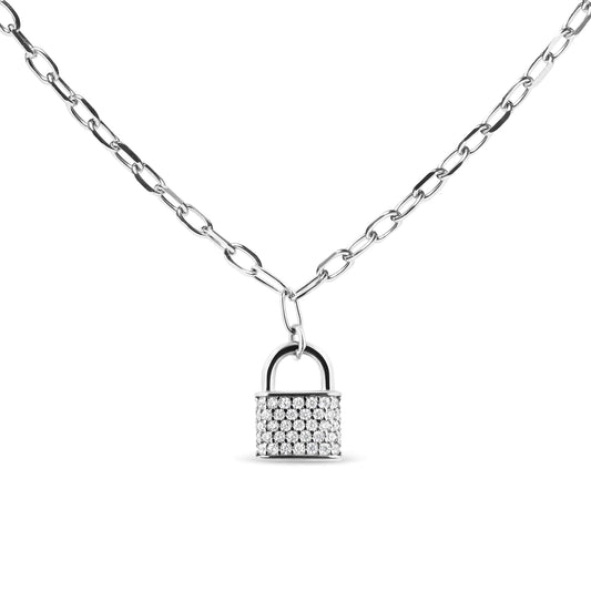 Diamond Lock Pendant Necklace with Paperclip Chain front view