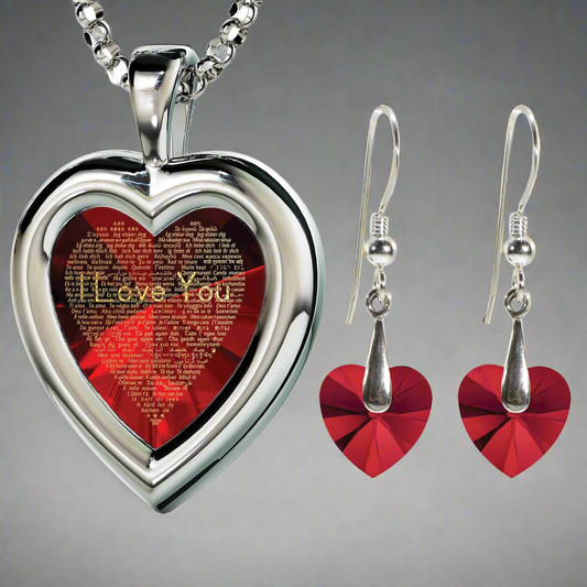 925 Silver Heart Jewelry Set red closeup, .925 Sterling Silver "I Love You" Pendant