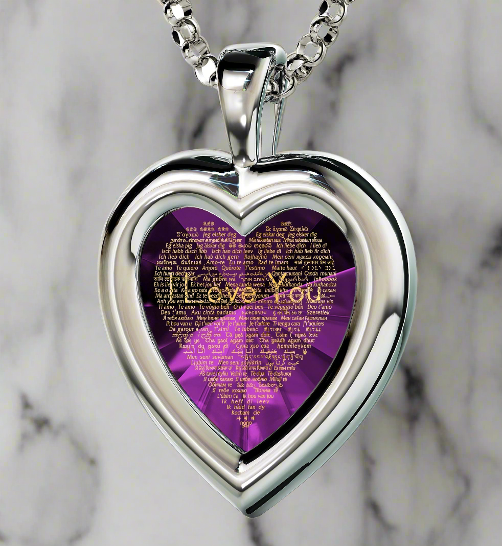 925 Silver Heart Pendant closeup, "I Love You" 24 Karats gold