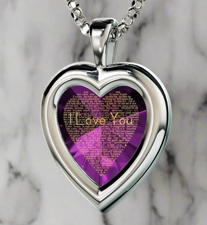 925 Silver Heart Pendant closeup, "I Love You" 24 Karats gold