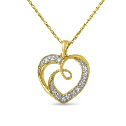 14K Yellow Gold Plated .925 Sterling Silver Diamond Accent Ribbon & Heart Necklace