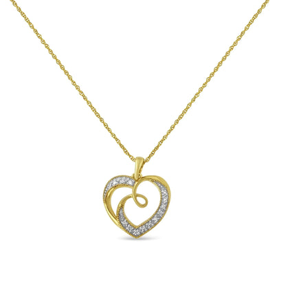 14K Yellow Gold Plated .925 Sterling Silver Diamond Accent Ribbon & Heart Necklace