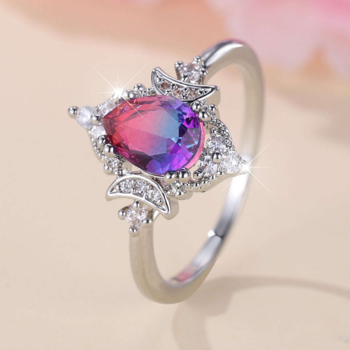 New Gradient White K Rose Blue Water Drop Tourmaline Crown Ring Personality Fashion
