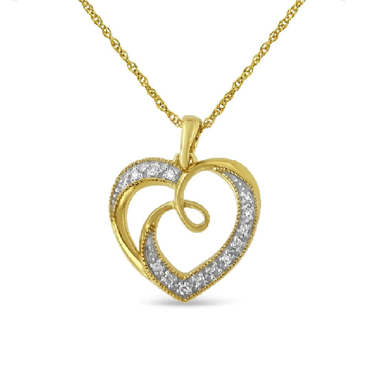 14K Yellow Gold Plated .925 Sterling Silver Diamond Accent Ribbon & Heart Pendant Necklace