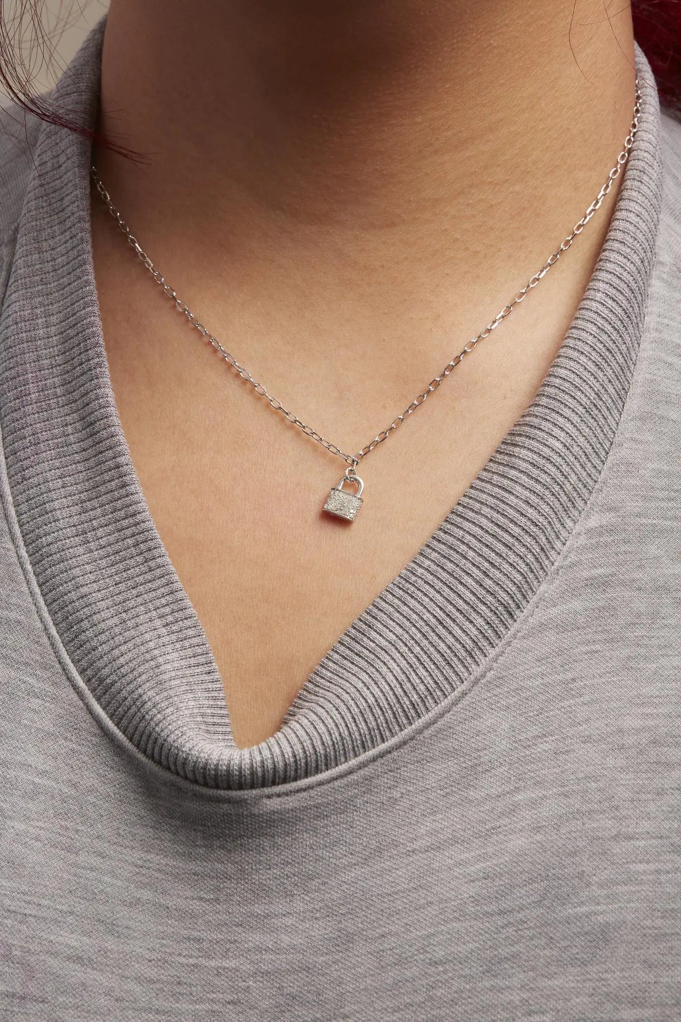 Diamond Lock Pendant Necklace with Paperclip Chain