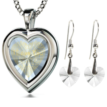 925 Silver Heart Jewelry Set with "I Love You" written in 24 Karats gold