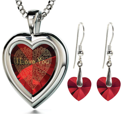 925 Silver Heart Jewelry Set with "I Love You" written in 24 Karats gold