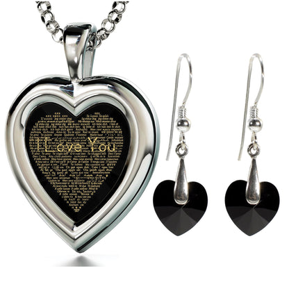 925 Silver Heart Jewelry Set with "I Love You" written in 24 Karats gold